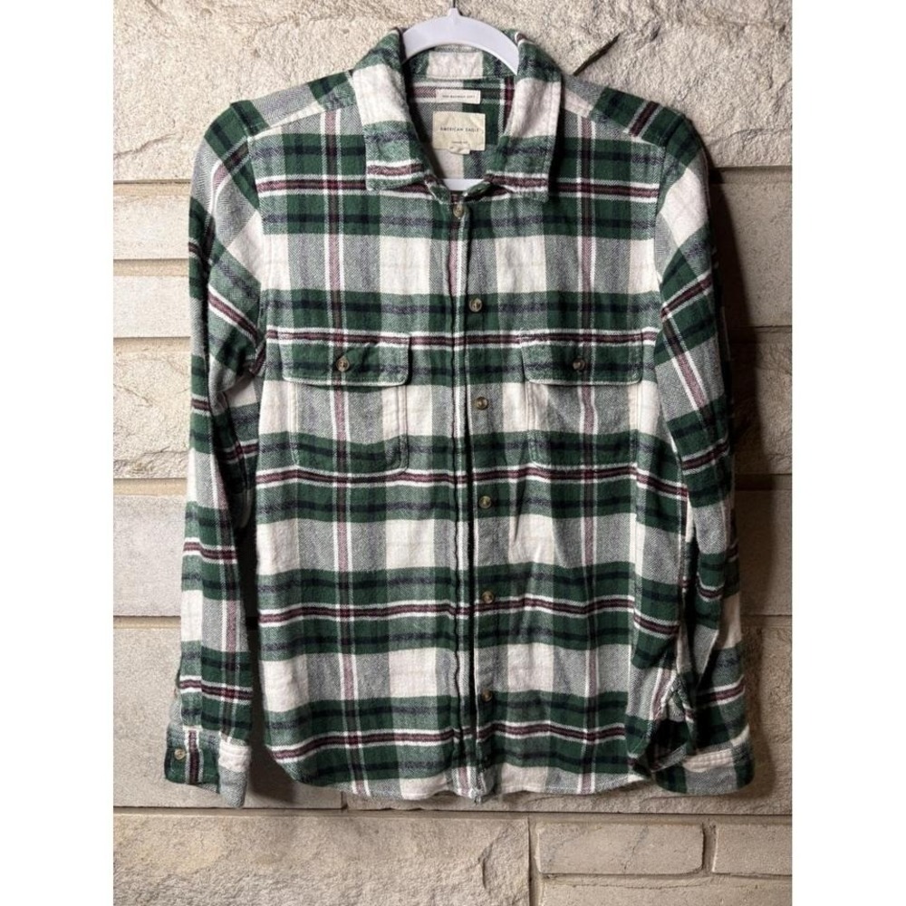 American Eagle Classic‎ Fit Green Plaid Flannel Shirt Mens Medium Soft Viscose